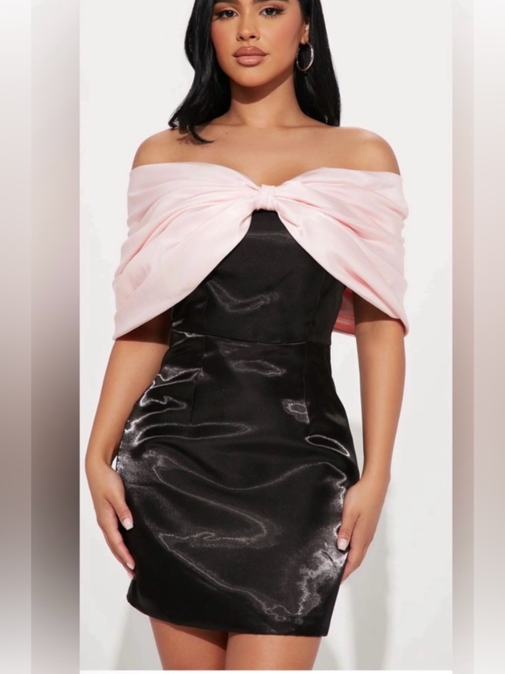 Pink bow off the shoulder black dress Fashion Nova